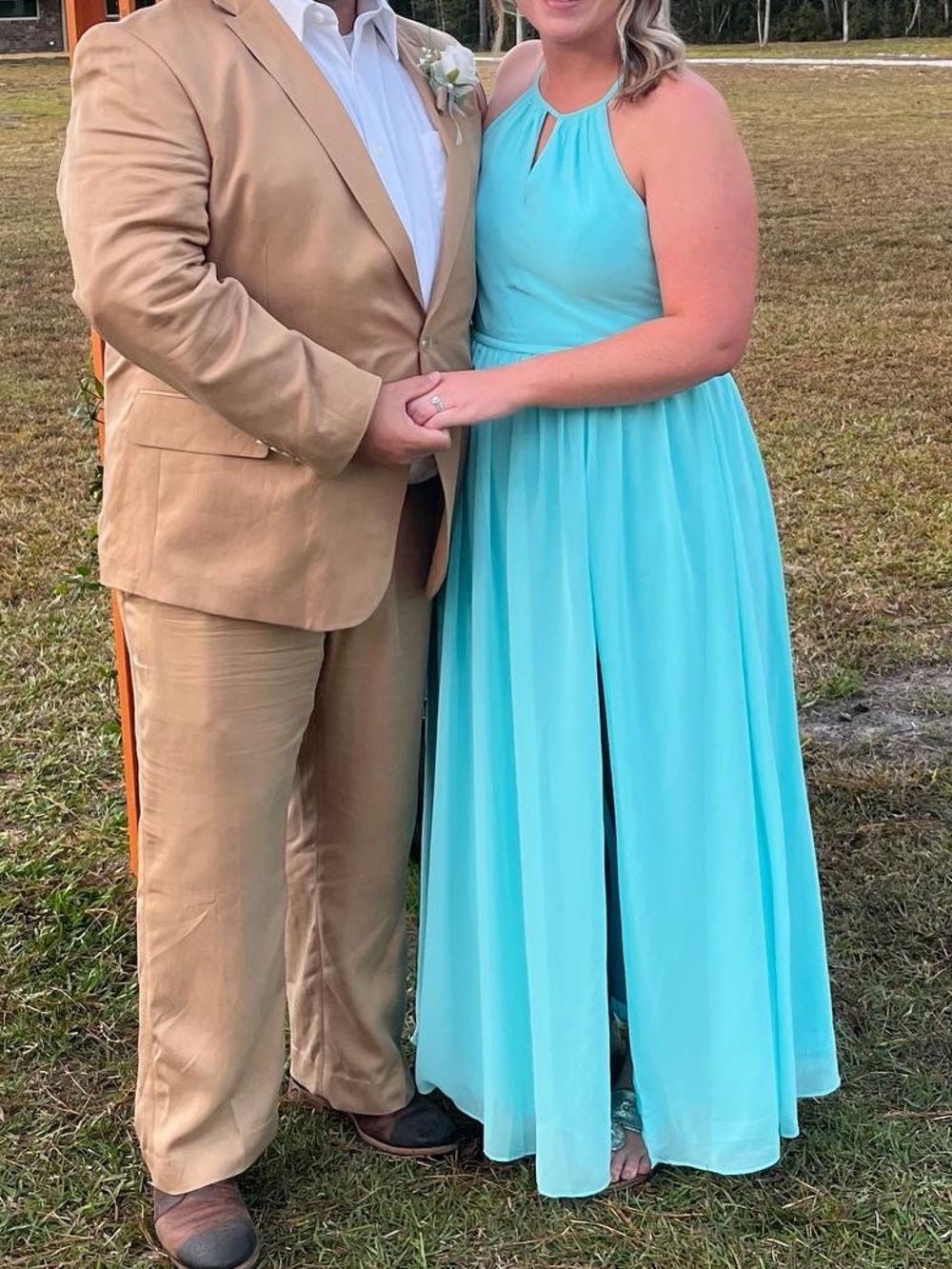 Azazie Mallory Caribbean Blue Halter Maxi Dress